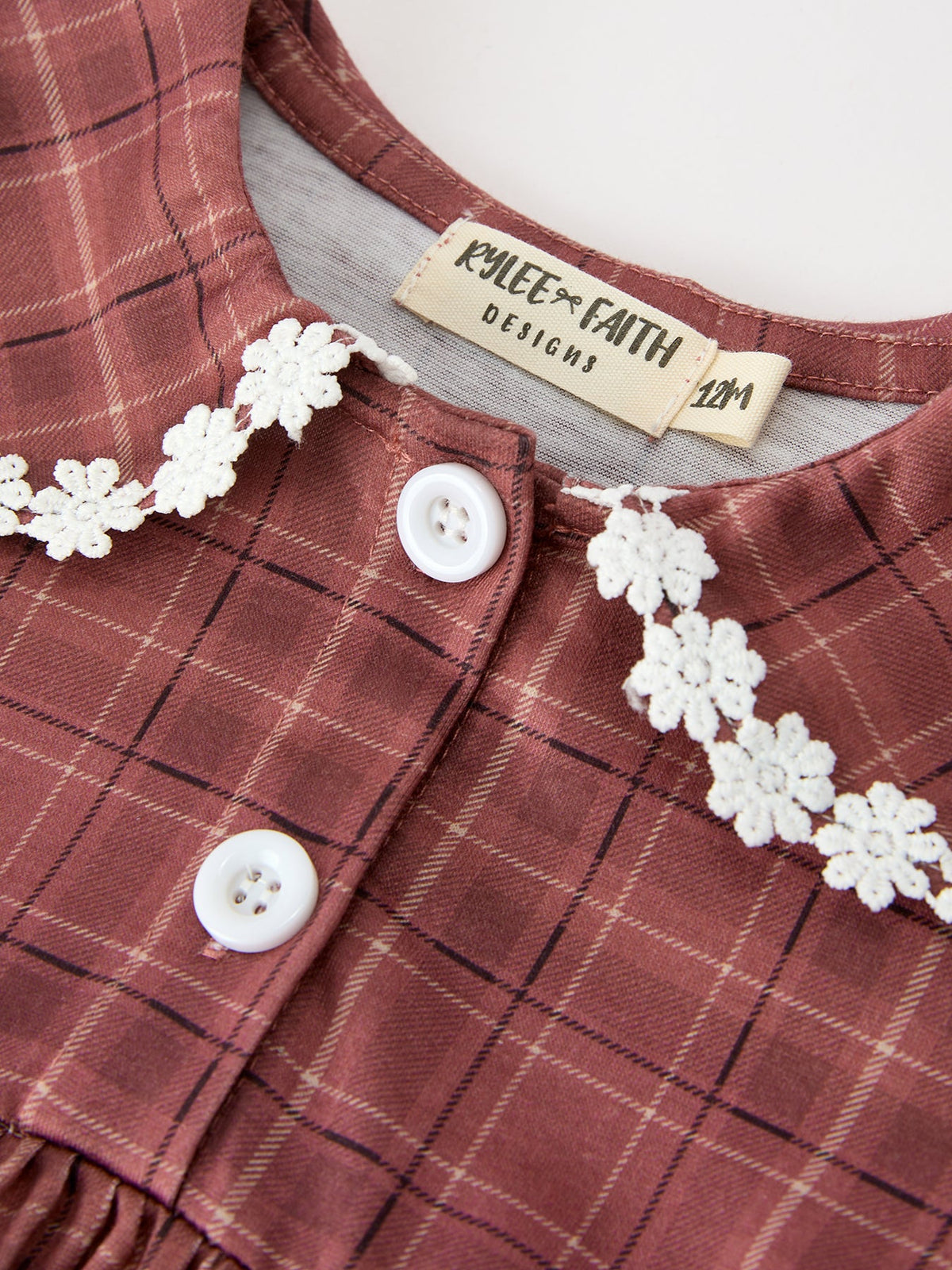 Baby Girls Brown Plaid Floral Lace Collar Romper by Rylee Faith Designs