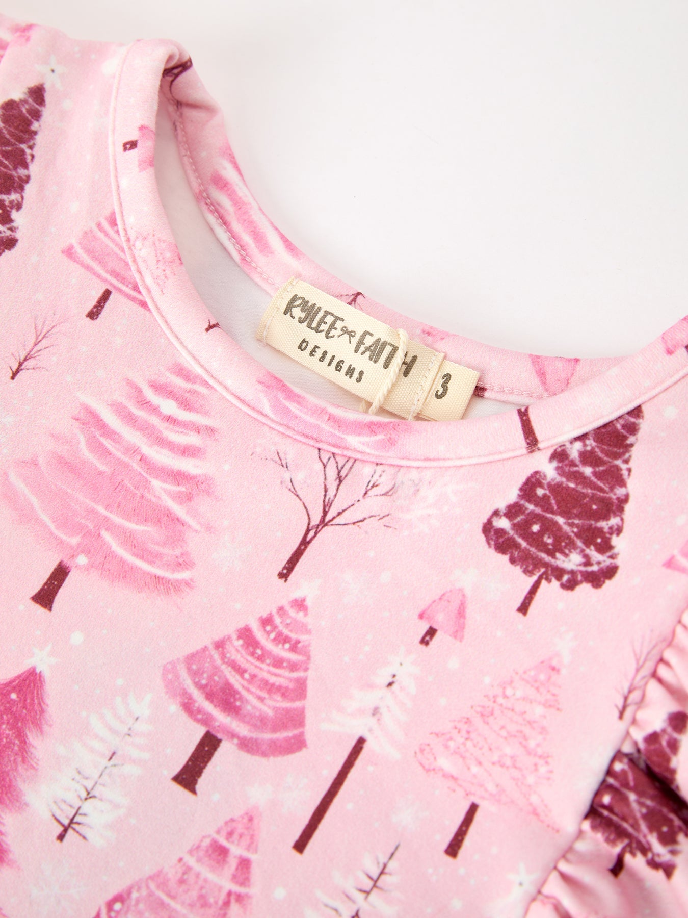 Christmas Tree Print Girls Pink Ruffle Long Sleeve Dress by Rylee Faith Designs