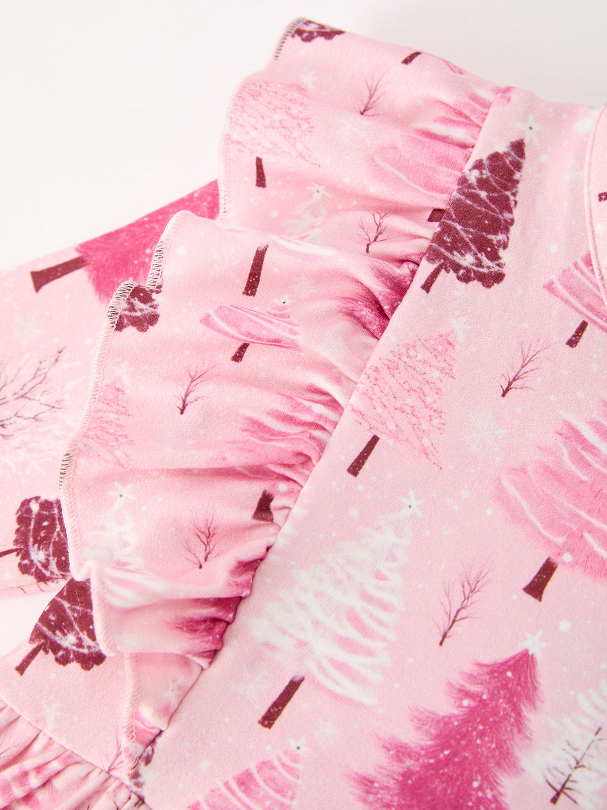 Christmas Tree Print Girls Pink Ruffle Long Sleeve Dress by Rylee Faith Designs
