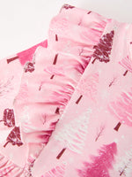 Christmas Tree Print Girls Pink Ruffle Long Sleeve Dress by Rylee Faith Designs