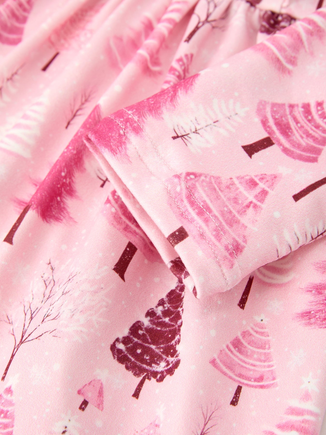 Christmas Tree Print Girls Pink Ruffle Long Sleeve Dress by Rylee Faith Designs