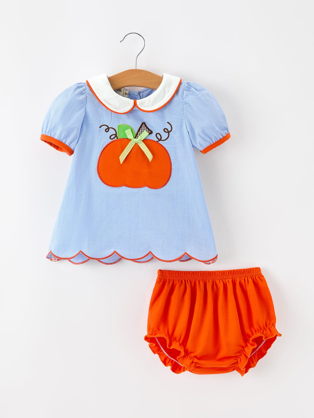 Fall Girls Pumpkin Appliqué Peter Pan Collar Bloomer Set by Rylee Faith Designs