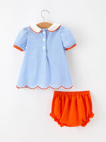 Fall Girls Pumpkin Appliqué Peter Pan Collar Bloomer Set by Rylee Faith Designs