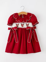 Girls Christmas Reindeer Smocked Red Bow Dress by Rylee Faith Designs