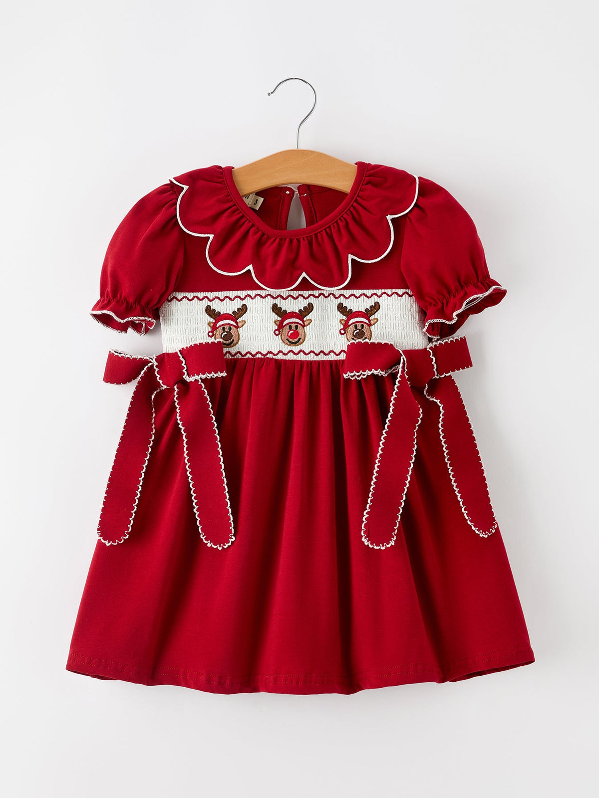 Girls Christmas Reindeer Smocked Red Bow Dress by Rylee Faith Designs