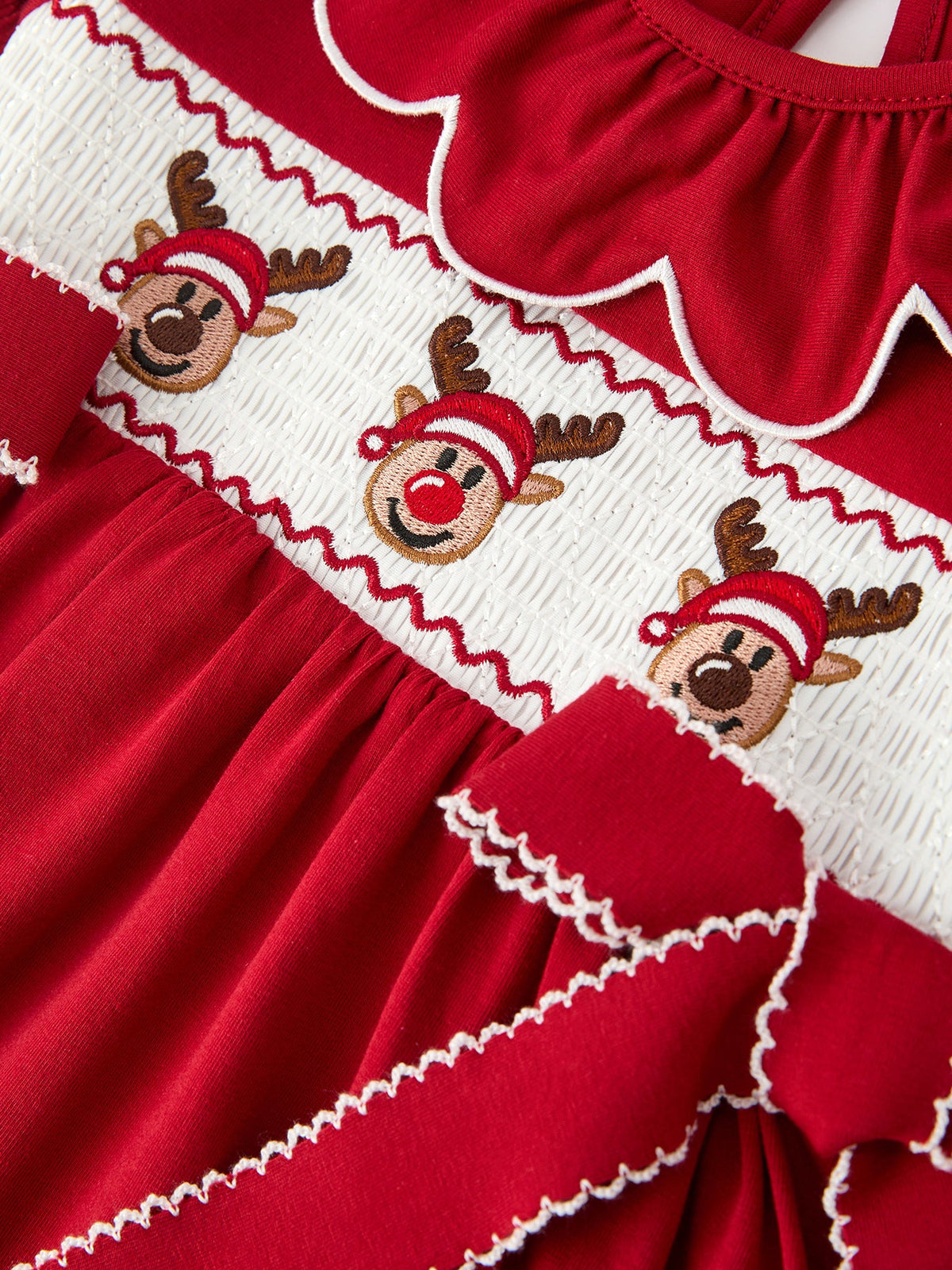 Girls Christmas Reindeer Smocked Red Bow Dress by Rylee Faith Designs
