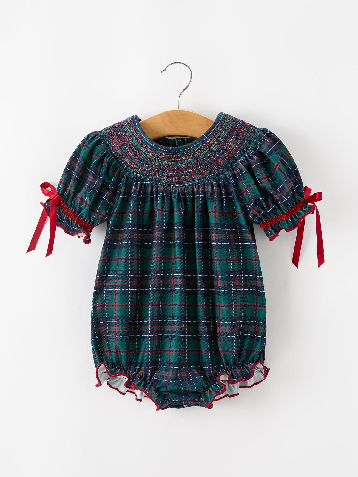 Girls Christmas Plaid Smocked Bubble Romper by Rylee Faith Designs