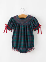 Girls Christmas Plaid Smocked Bubble Romper by Rylee Faith Designs