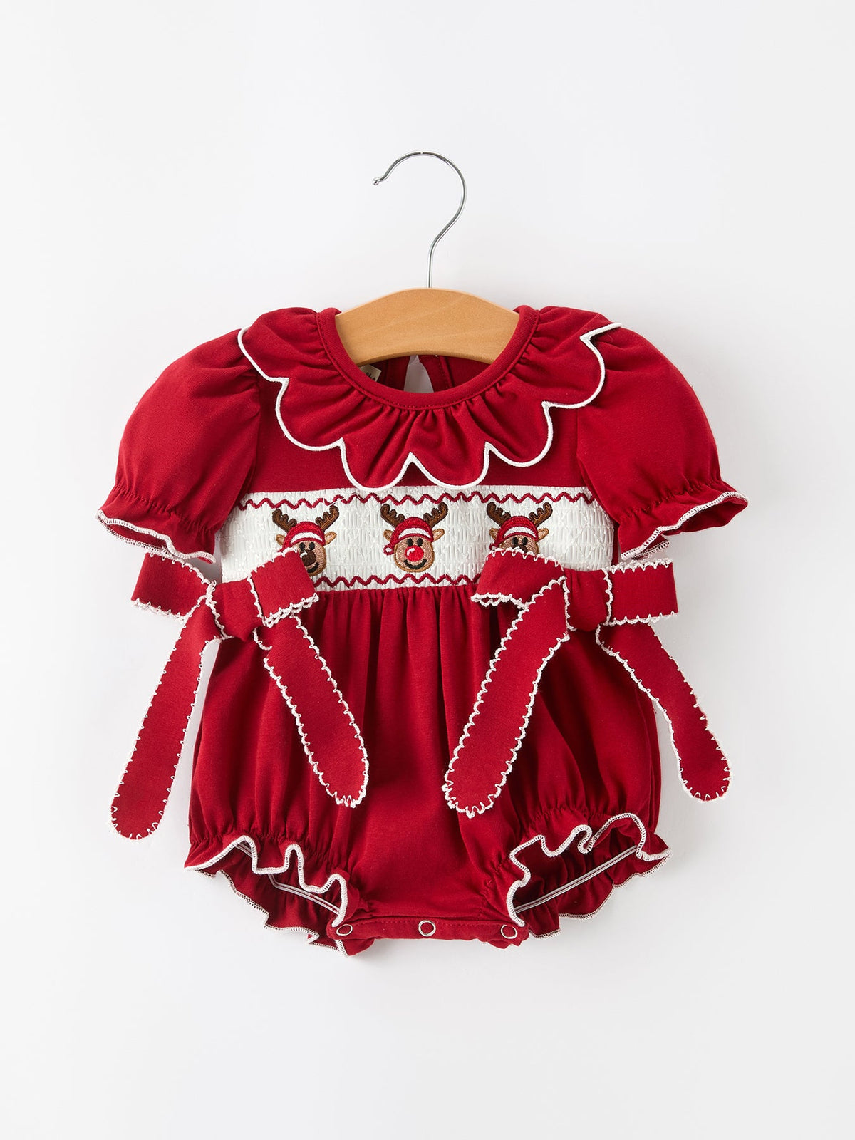 Baby Girls Christmas Reindeer Smocked Bubble Romper by Rylee Faith Designs