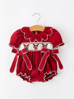 Baby Girls Christmas Reindeer Smocked Bubble Romper by Rylee Faith Designs