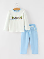 Christmas Nativity Embroidered Boys Long Sleeve Top And Pants Set by Rylee Faith Designs