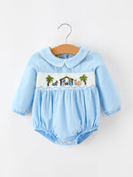 Christmas Nativity Embroidered Baby Boy Blue Smocked Romper by Rylee Faith Designs