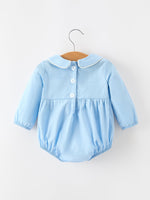 Christmas Nativity Embroidered Baby Boy Blue Smocked Romper by Rylee Faith Designs