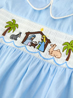Christmas Nativity Embroidered Baby Boy Blue Smocked Romper by Rylee Faith Designs