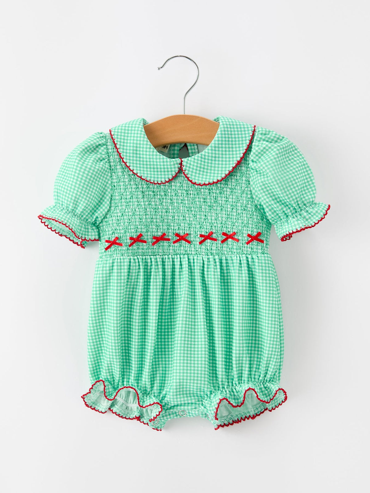 Christmas Girls Green Plaid Smocked Bow Bubble Romper by Rylee Faith Designs