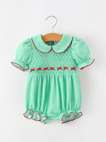 Christmas Girls Green Plaid Smocked Bow Bubble Romper by Rylee Faith Designs