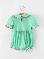 Christmas Girls Green Plaid Smocked Bow Bubble Romper by Rylee Faith Designs
