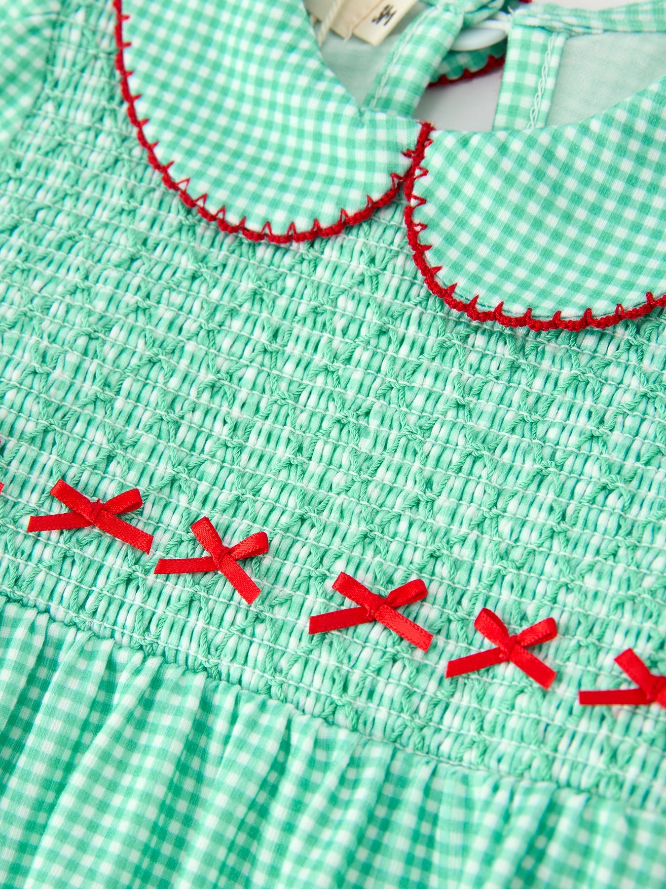Christmas Girls Green Plaid Smocked Bow Bubble Romper by Rylee Faith Designs
