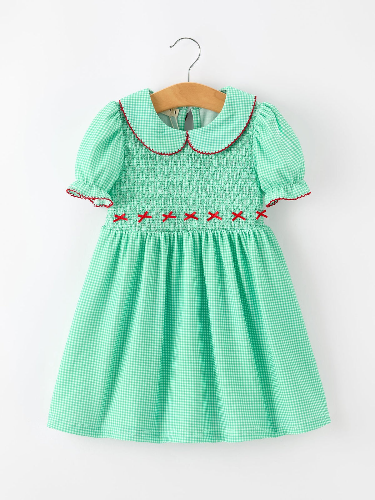 Christmas Girls Green Plaid Smocked Bow Peter Pan Collar Dress by Rylee Faith Designs