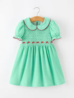 Christmas Girls Green Plaid Smocked Bow Peter Pan Collar Dress by Rylee Faith Designs