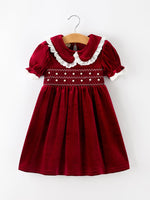 Christmas Burgundy Velvet Girls Smocked Pearl Lace Collar Dress by Rylee Faith Designs