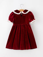 Christmas Burgundy Velvet Girls Smocked Pearl Lace Collar Dress by Rylee Faith Designs
