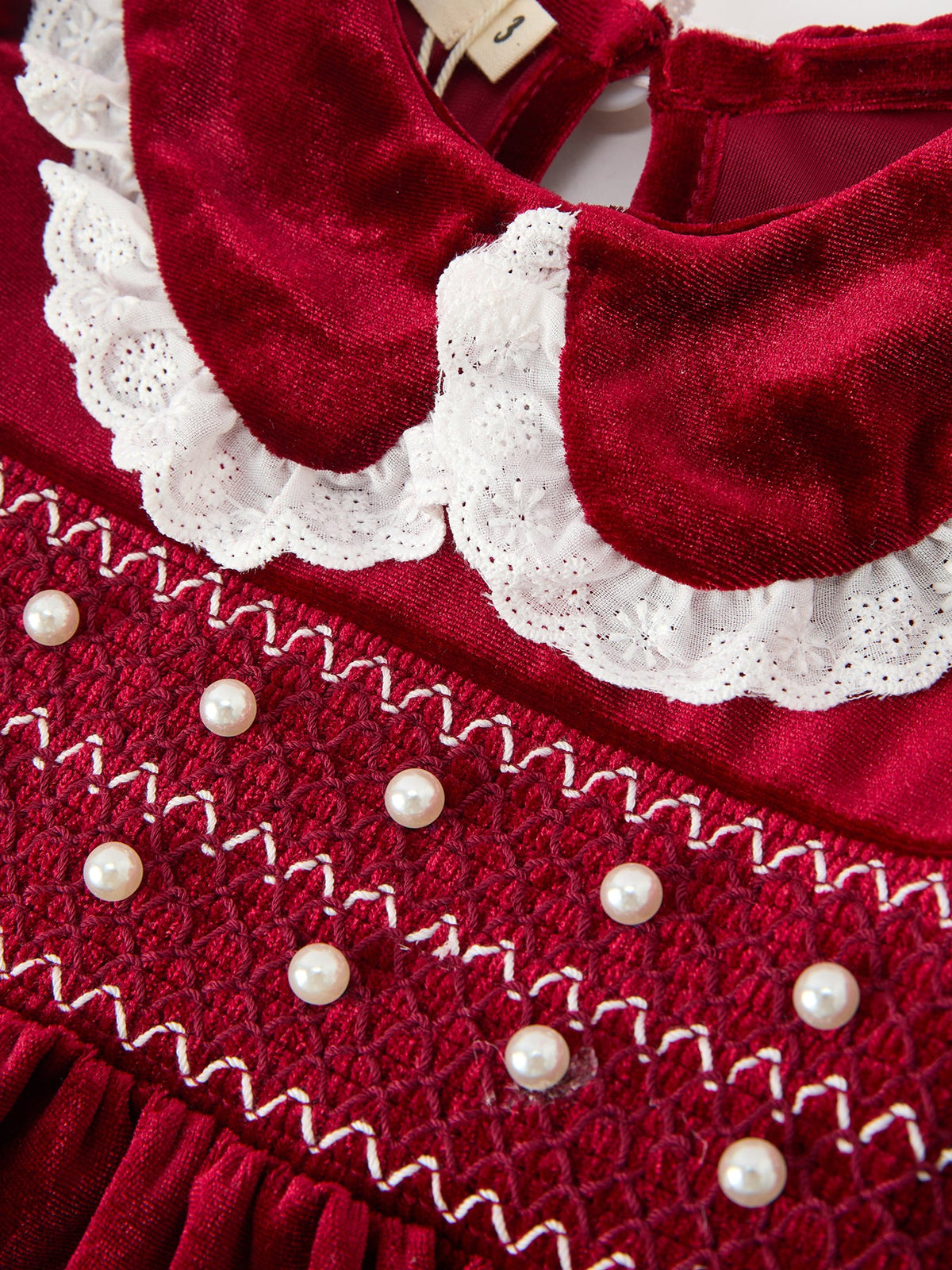 Christmas Burgundy Velvet Girls Smocked Pearl Lace Collar Dress by Rylee Faith Designs