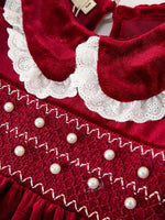 Christmas Burgundy Velvet Girls Smocked Pearl Lace Collar Dress by Rylee Faith Designs