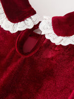 Christmas Burgundy Velvet Girls Smocked Pearl Lace Collar Dress by Rylee Faith Designs