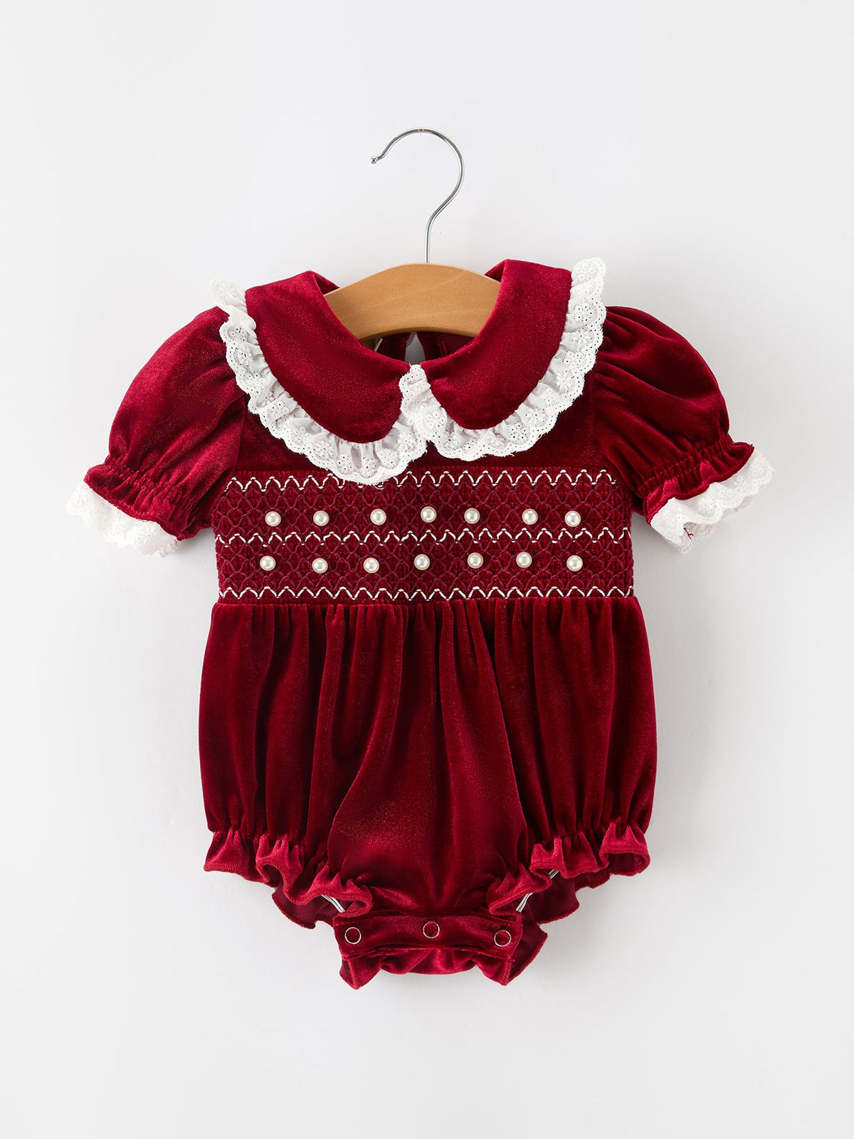 Christmas Burgundy Velvet Baby Girl Smocked Pearl Romper by Rylee Faith Designs