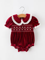 Christmas Burgundy Velvet Baby Girl Smocked Pearl Romper by Rylee Faith Designs