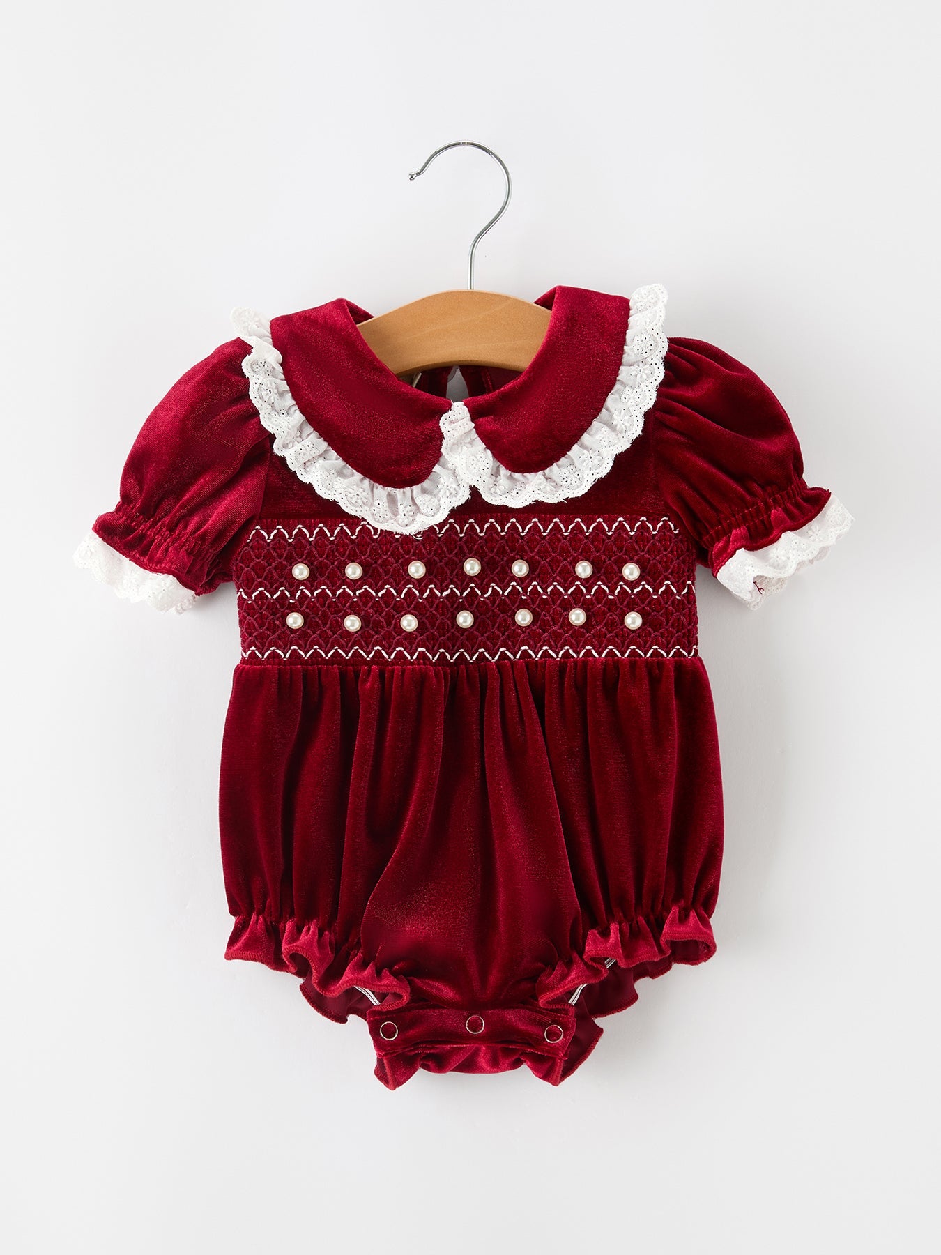 Christmas Burgundy Velvet Baby Girl Smocked Pearl Romper