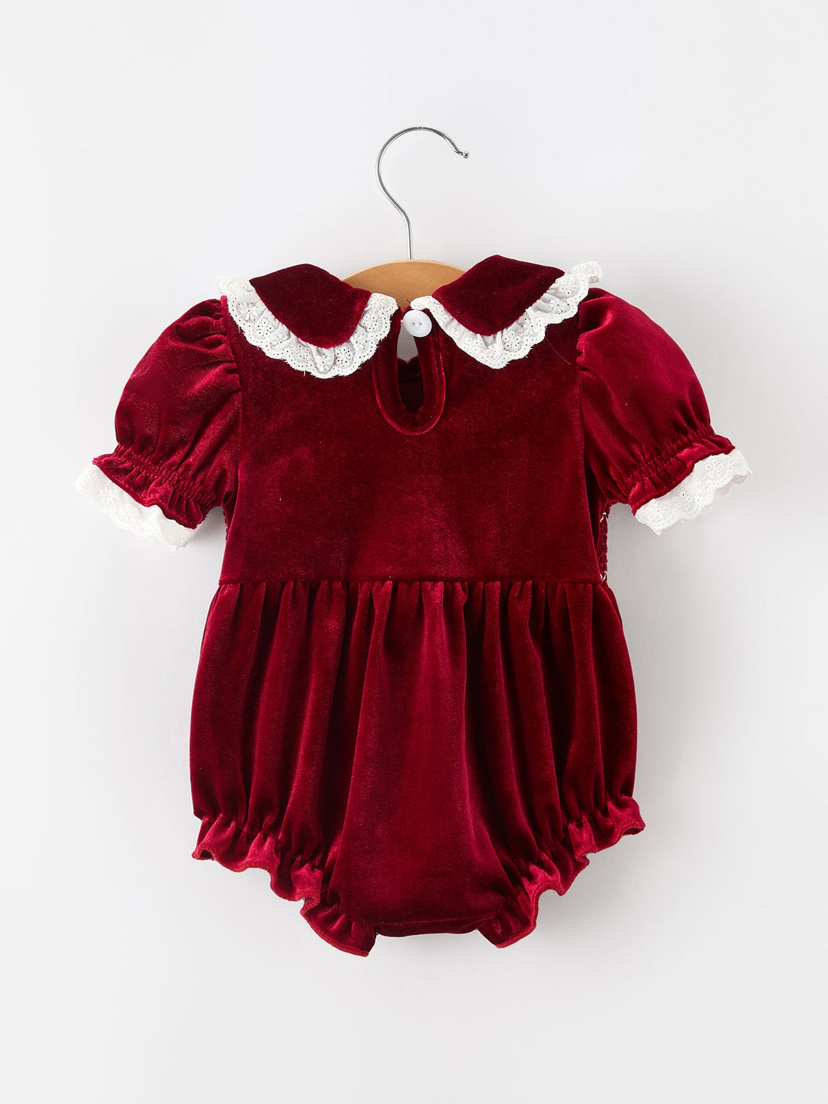 Christmas Burgundy Velvet Baby Girl Smocked Pearl Romper by Rylee Faith Designs