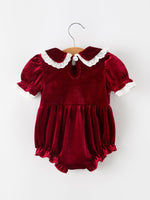Christmas Burgundy Velvet Baby Girl Smocked Pearl Romper by Rylee Faith Designs