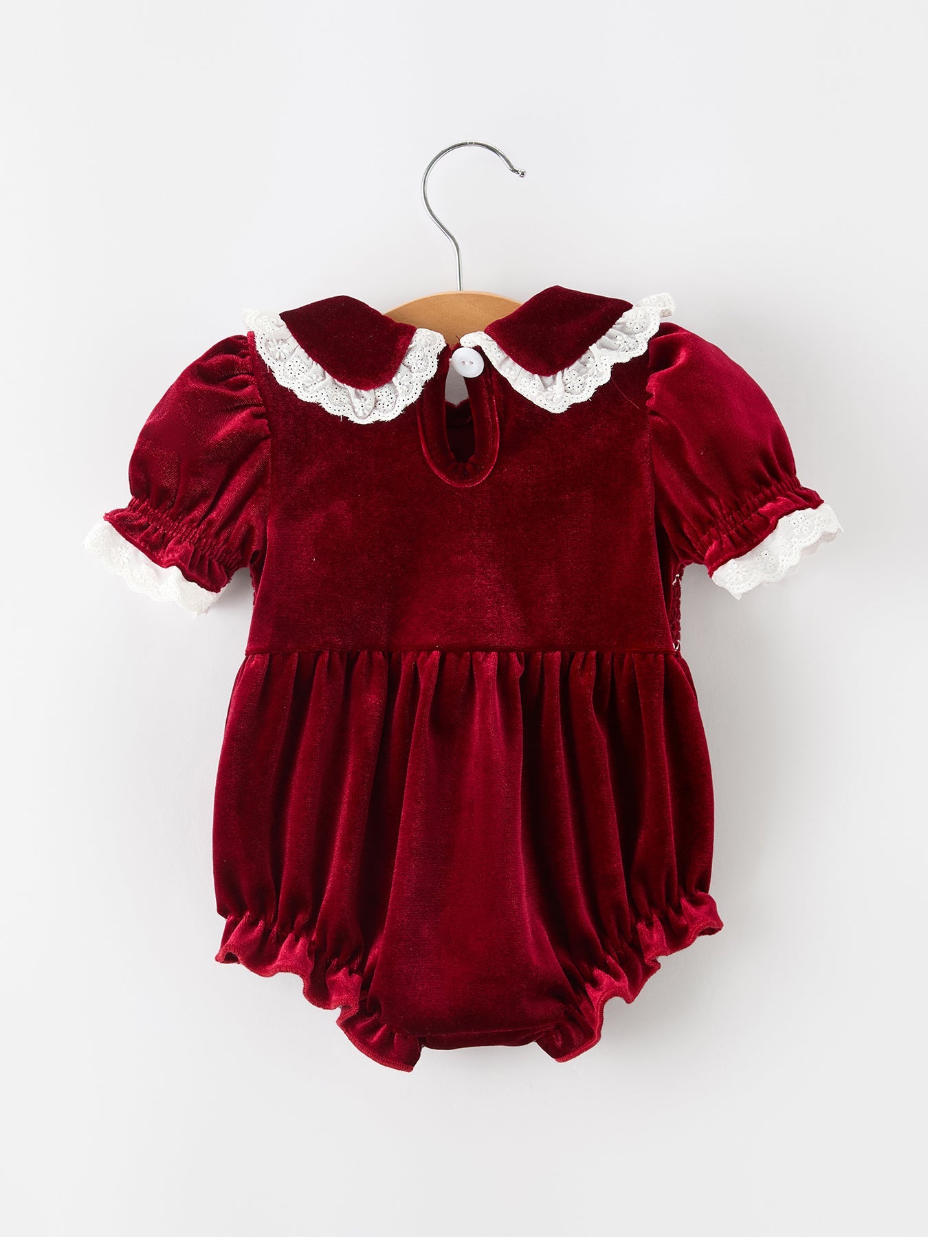 Christmas Burgundy Velvet Baby Girl Smocked Pearl Romper by Rylee Faith Designs