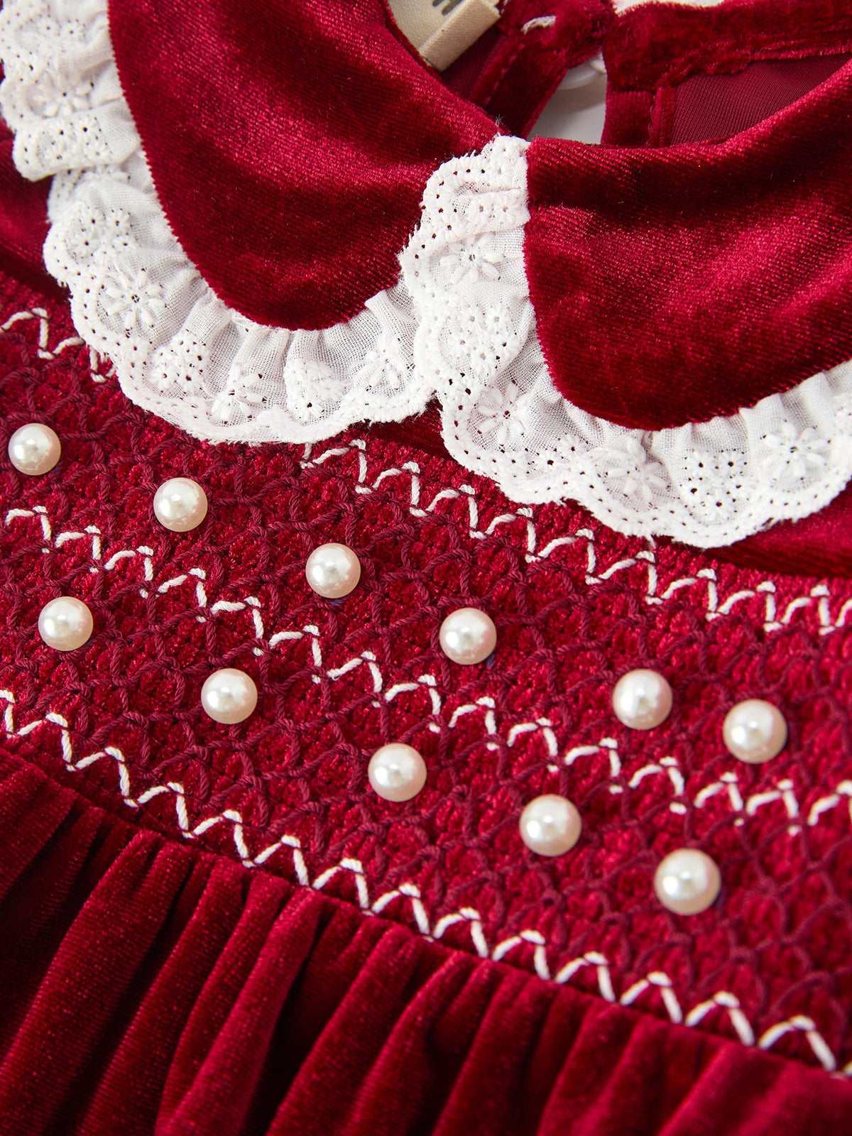 Christmas Burgundy Velvet Baby Girl Smocked Pearl Romper by Rylee Faith Designs