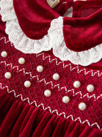 Christmas Burgundy Velvet Baby Girl Smocked Pearl Romper by Rylee Faith Designs
