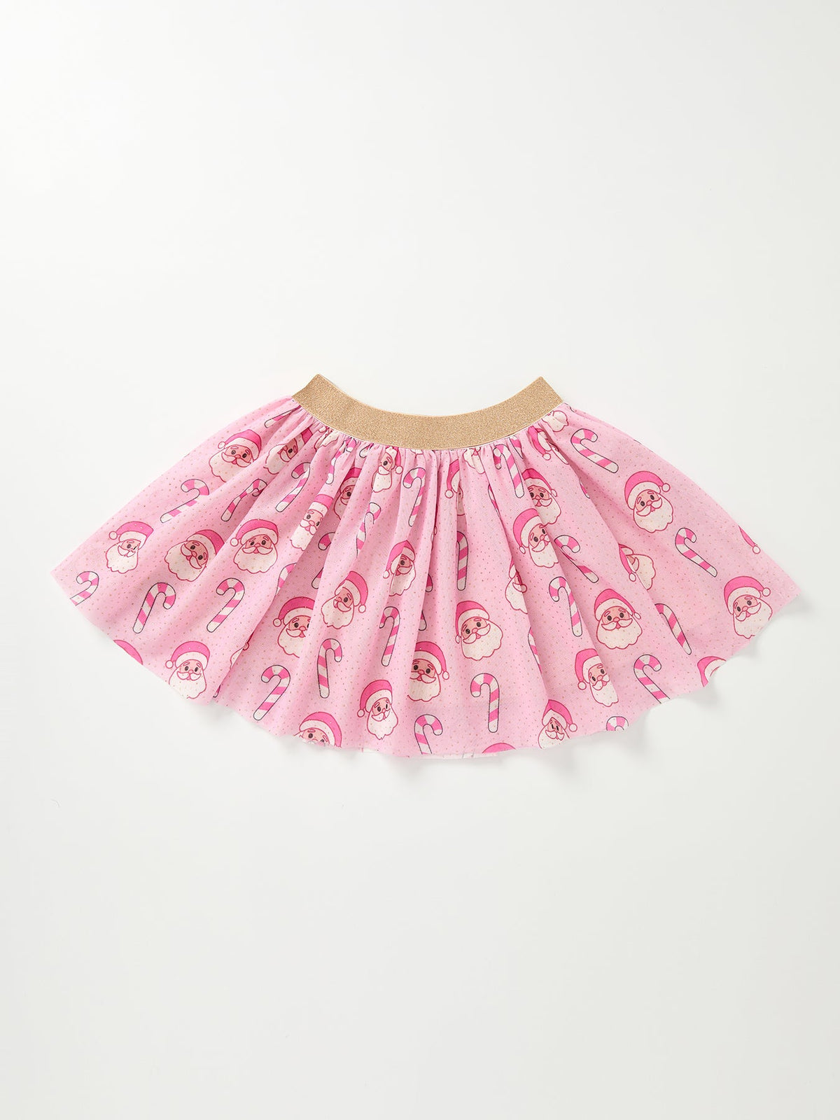 Girls pink Christmas skirt with allover Santa and candy cane print, gold-tone elastic waistband, and full gathered hem
