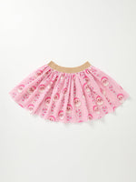Girls pink Christmas skirt with allover Santa and candy cane print, gold-tone elastic waistband, and full gathered hem
