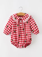 Christmas Tree Embroidered Red Plaid Baby Girls Ruffle Collar Romper by Rylee Faith Designs