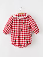 Christmas Tree Embroidered Red Plaid Baby Girls Ruffle Collar Romper by Rylee Faith Designs