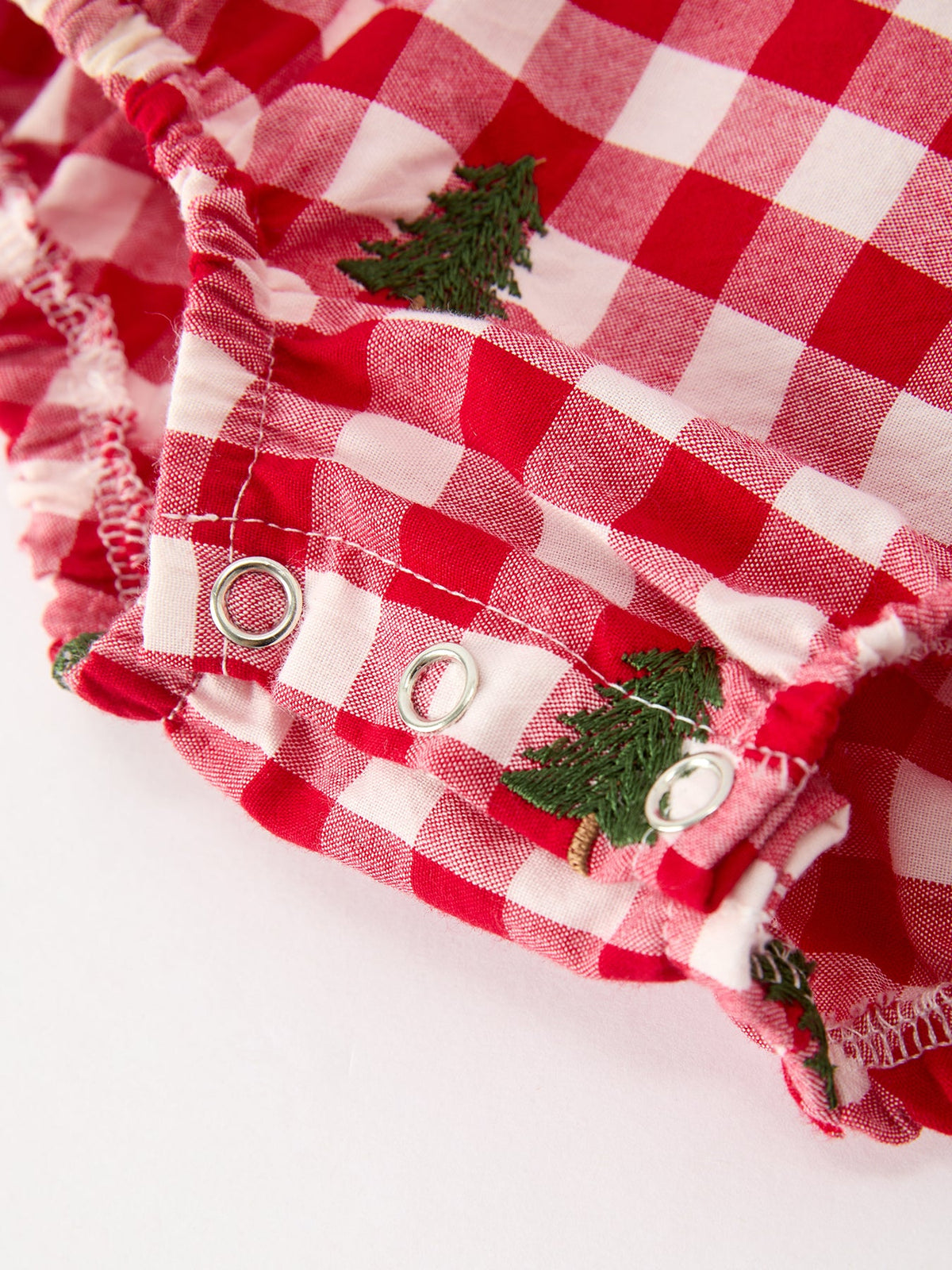 Christmas Tree Embroidered Red Plaid Baby Girls Ruffle Collar Romper by Rylee Faith Designs