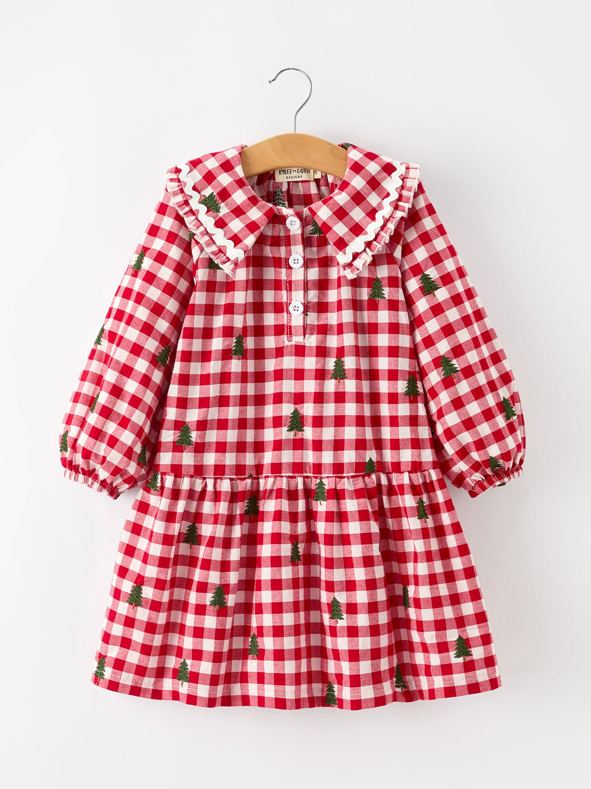 Christmas Tree Embroidered Plaid Girls Ruffle Collar Dress by Rylee Faith Designs