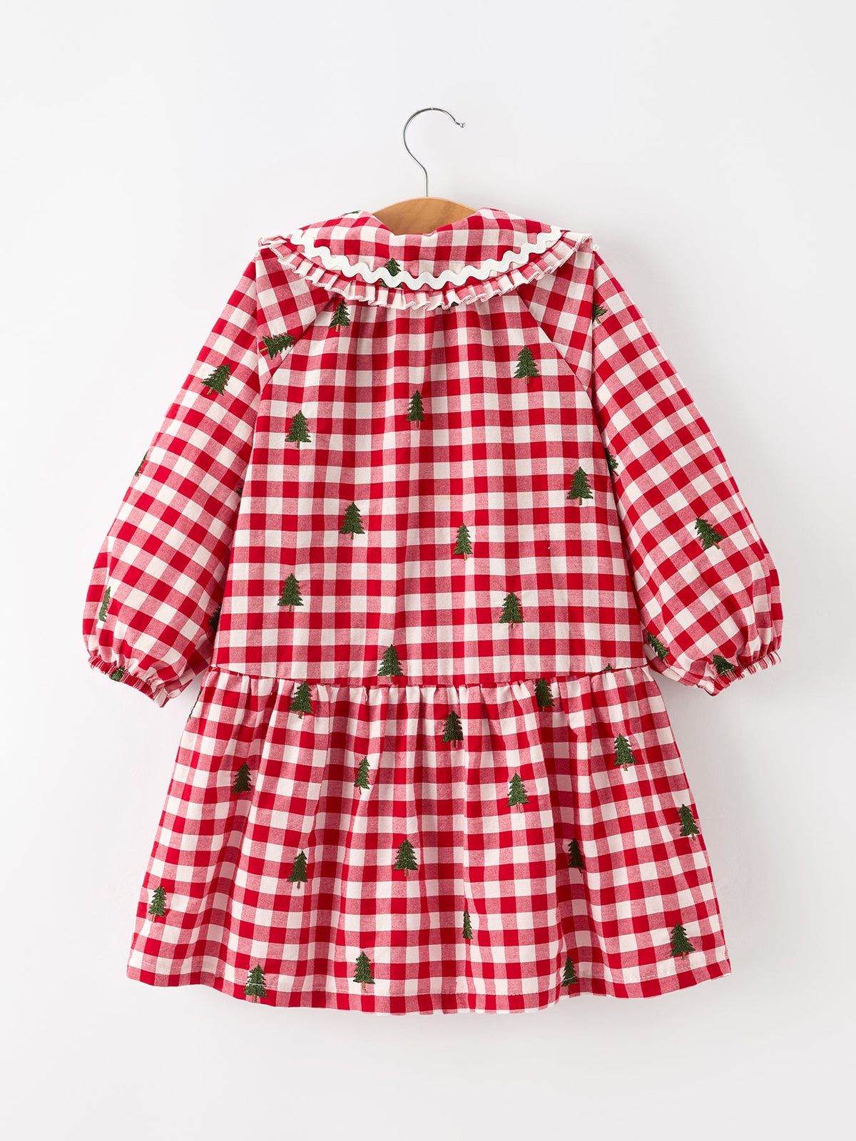 Christmas Tree Embroidered Plaid Girls Ruffle Collar Dress by Rylee Faith Designs