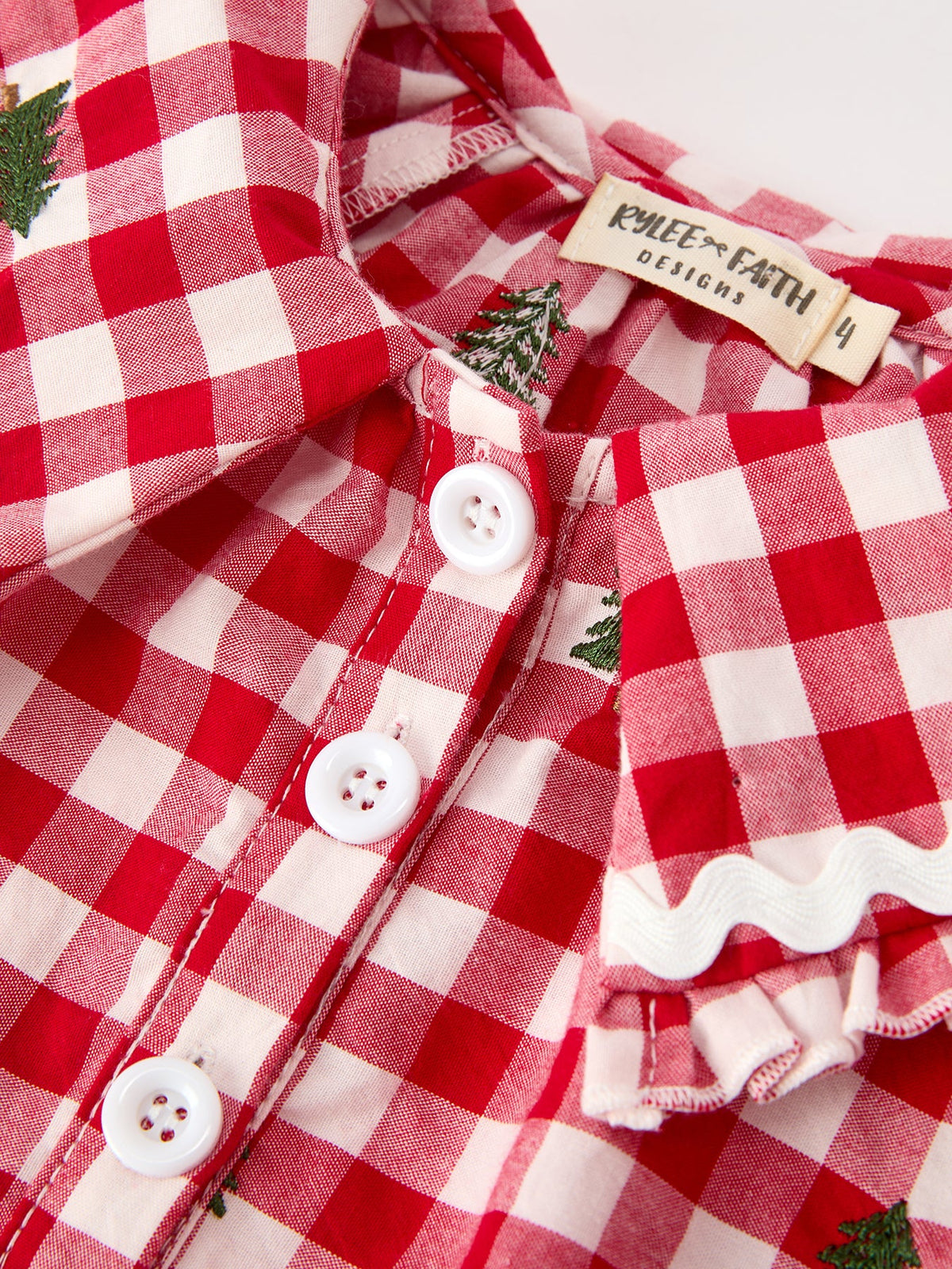 Christmas Tree Embroidered Plaid Girls Ruffle Collar Dress by Rylee Faith Designs