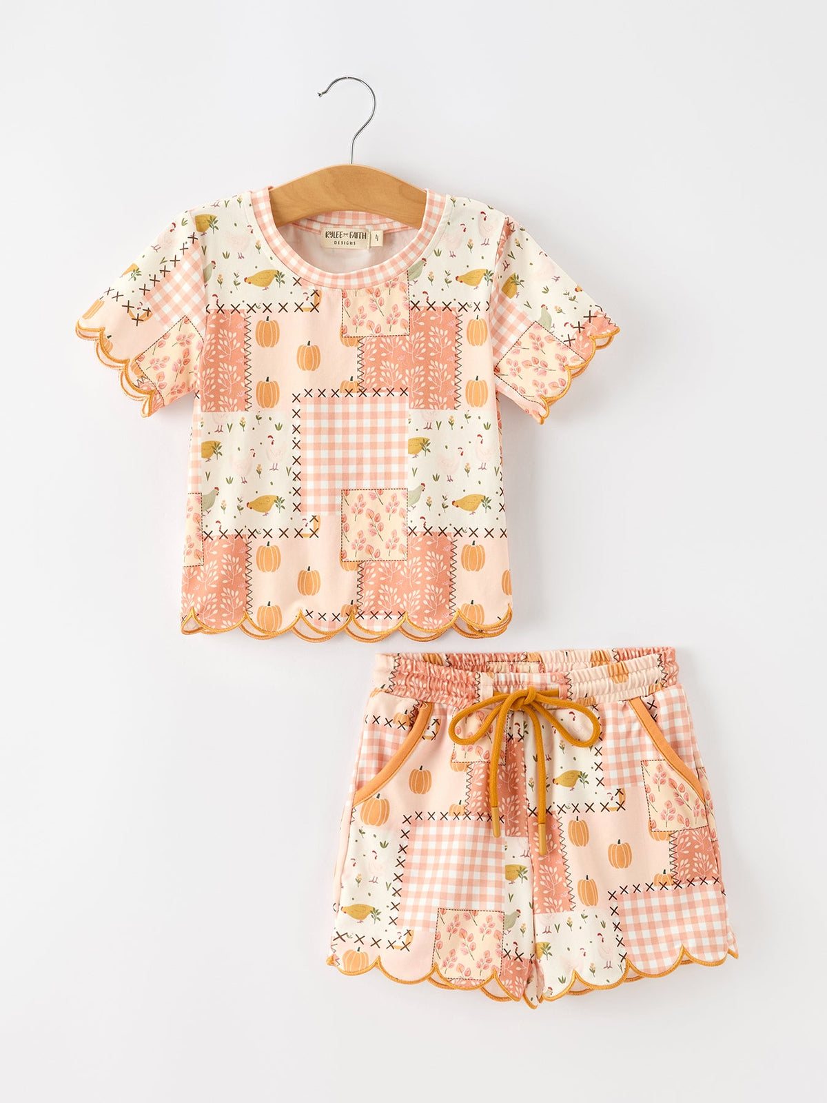 Thanksgiving Pumpkin Patchwork Girls Top And Shorts Outfit by Rylee Faith Designs