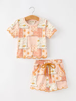 Thanksgiving Pumpkin Patchwork Girls Top And Shorts Outfit by Rylee Faith Designs