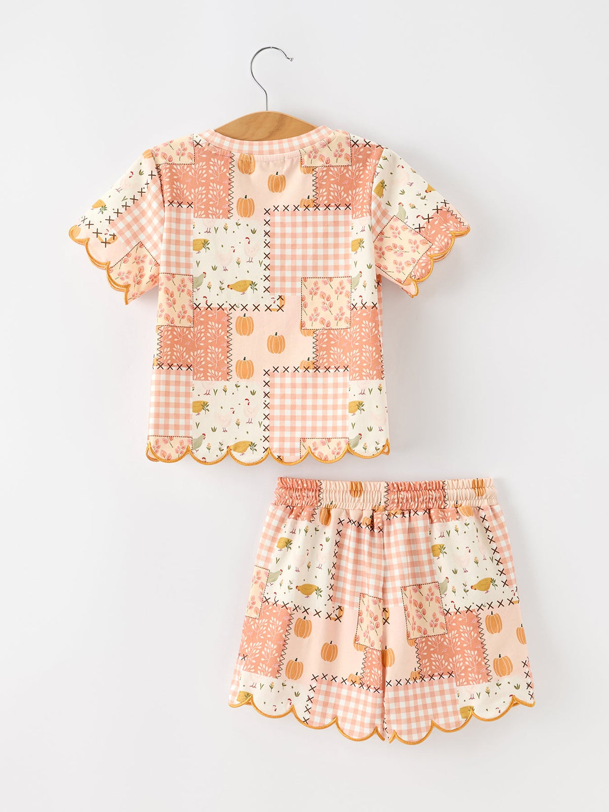 Thanksgiving Pumpkin Patchwork Girls Top And Shorts Outfit by Rylee Faith Designs