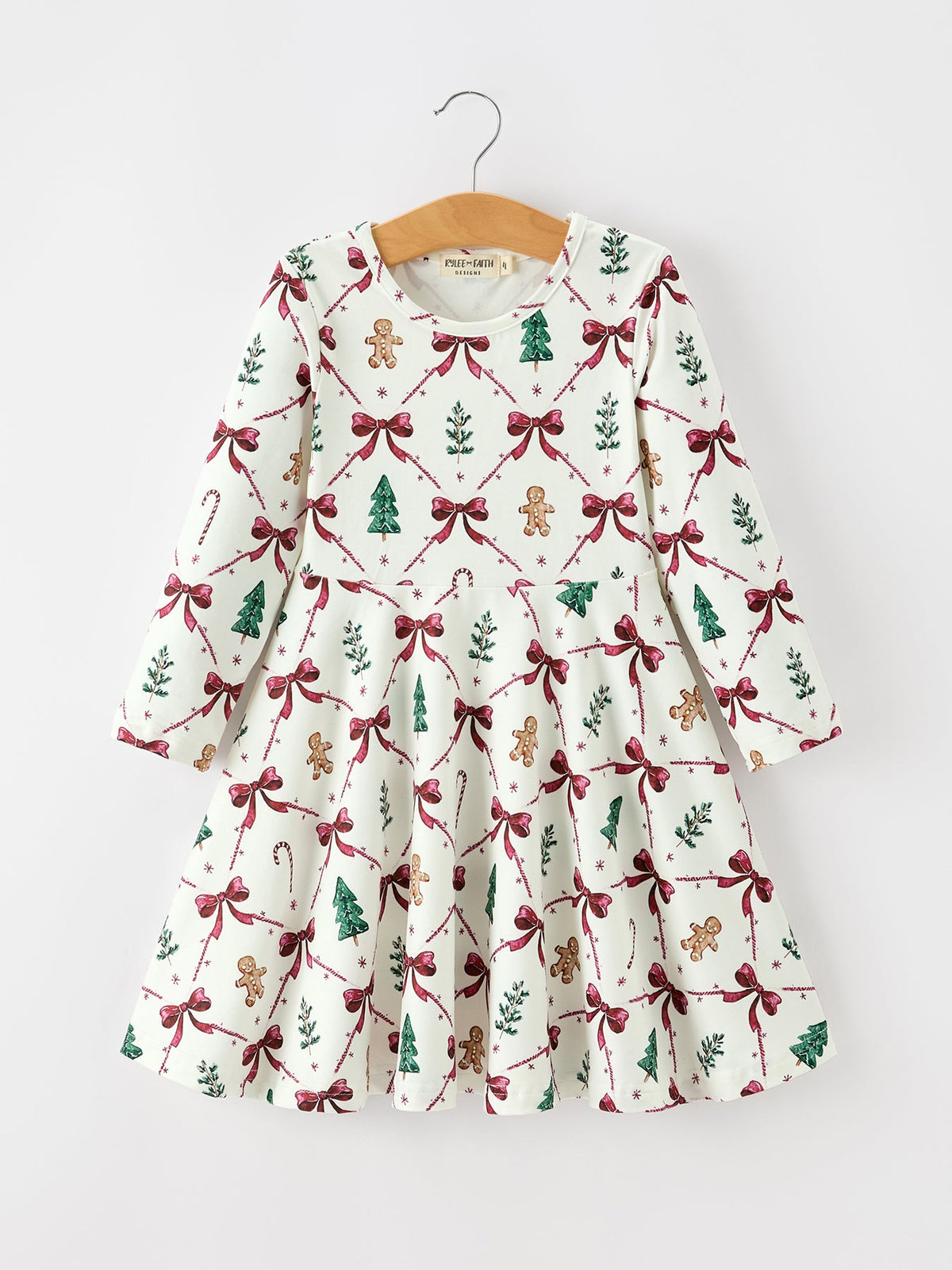 Christmas Bow and Gingerbread Print Girls Twirl Dress by Rylee Faith Designs