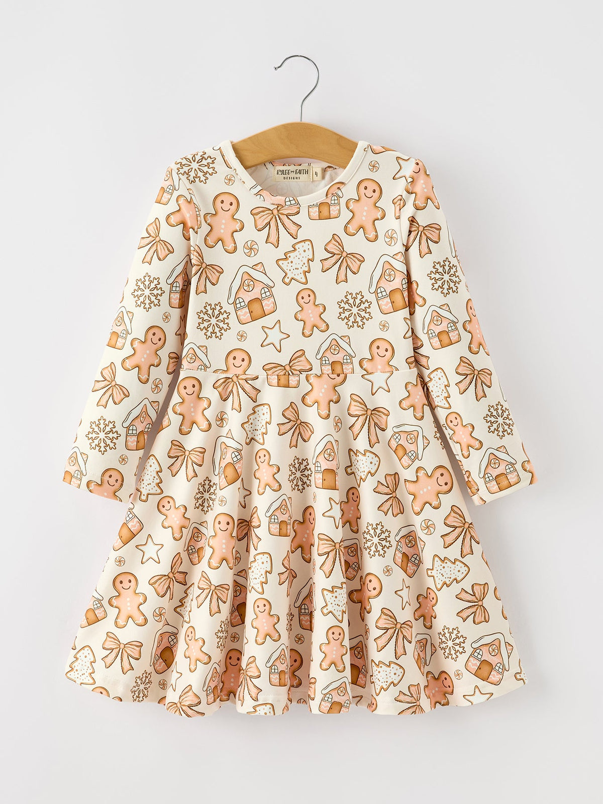 Christmas Gingerbread Cookie Girls Long Sleeve Twirl Dress by Rylee Faith Designs